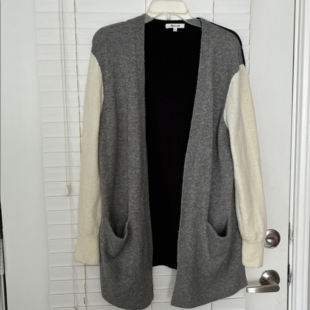 Madewell Kent Sweater Colorblock Open Cardigan SZ S Wool Alpaca Gray Cream Black